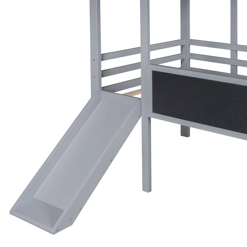 Twin House Loft Bed with Slide, Chalkboard and Star String Lights, White Gray