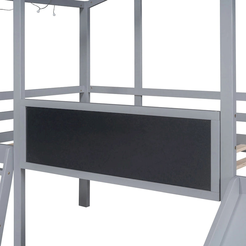 Twin House Loft Bed with Slide, Chalkboard and Star String Lights, White Gray