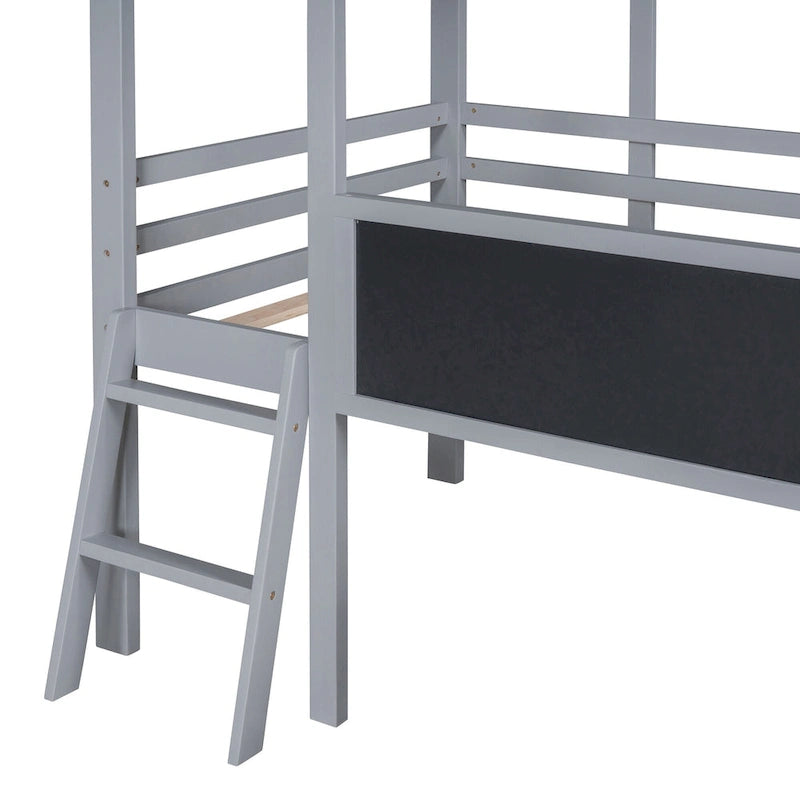 Twin House Loft Bed with Slide, Chalkboard and Star String Lights, White Gray