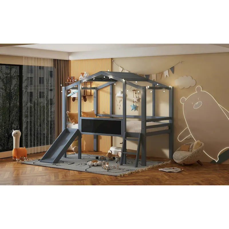 Twin House Loft Bed with Slide, Chalkboard and Star String Lights, White Gray