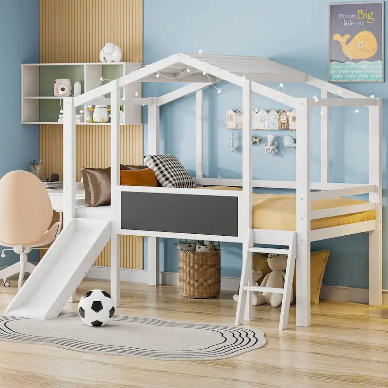 Twin House Loft Bed with Slide, Chalkboard and Star String Lights, White Gray