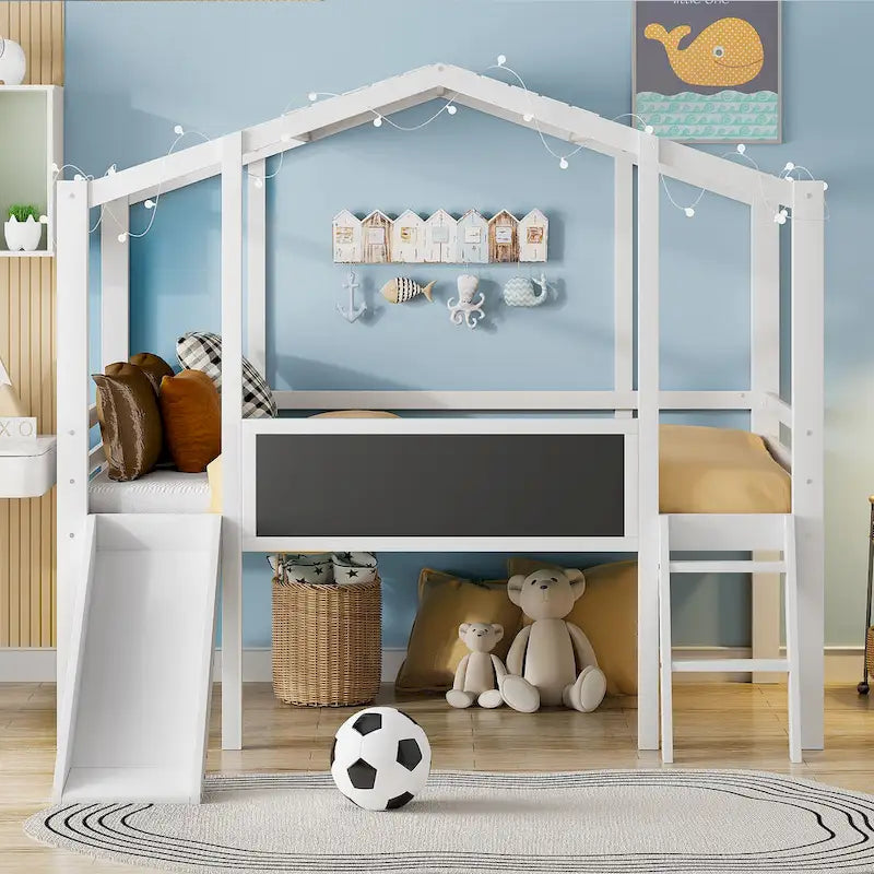 Twin House Loft Bed with Slide, Chalkboard and Star String Lights, White Gray