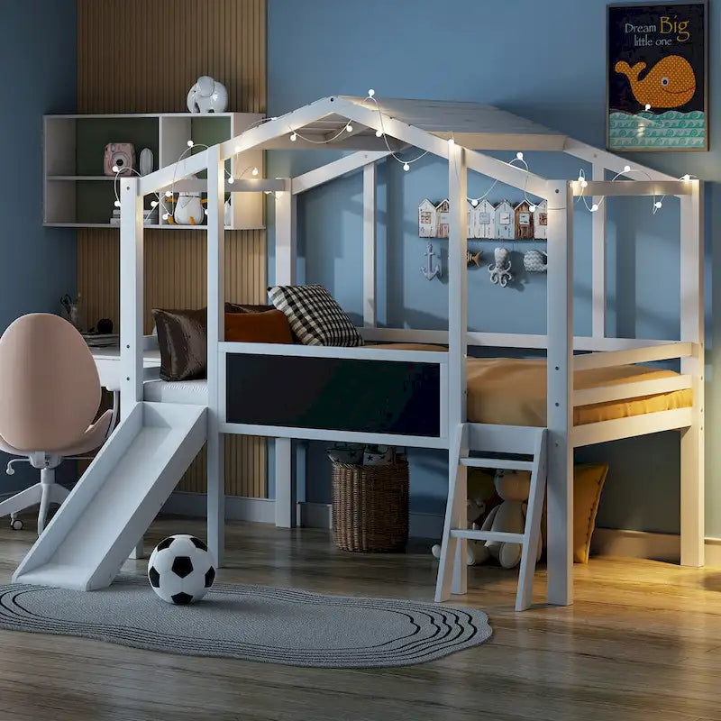 Twin House Loft Bed with Slide, Chalkboard and Star String Lights, White Gray