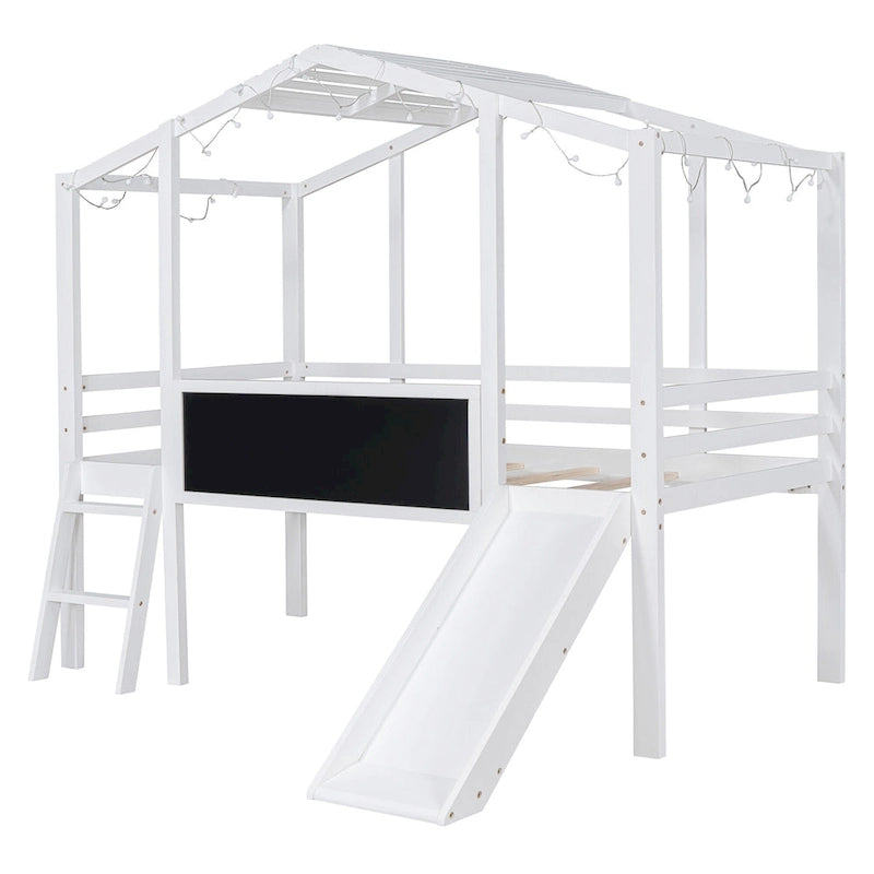 Twin House Loft Bed with Slide, Chalkboard and Star String Lights, White Gray
