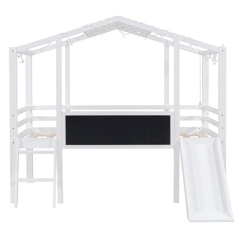 Twin House Loft Bed with Slide, Chalkboard and Star String Lights, White Gray