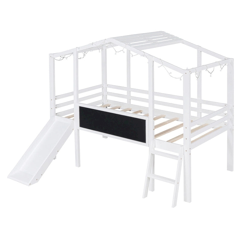 Twin House Loft Bed with Slide, Chalkboard and Star String Lights, White Gray