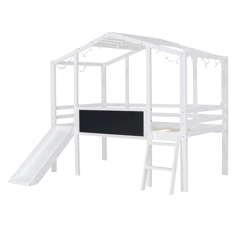 Twin House Loft Bed with Slide, Chalkboard and Star String Lights, White Gray