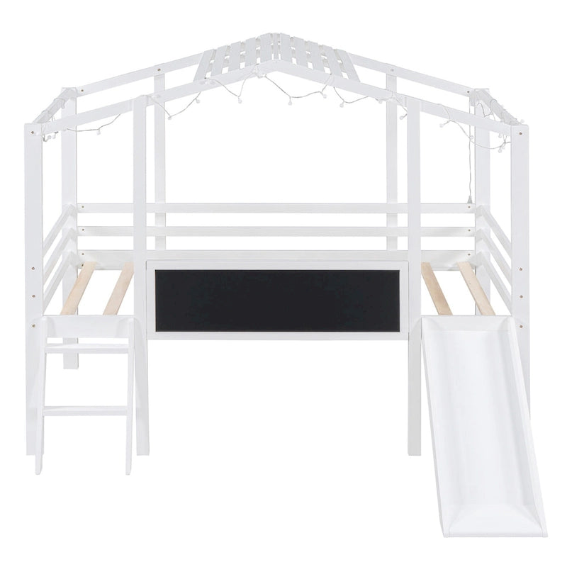 Twin House Loft Bed with Slide, Chalkboard and Star String Lights, White Gray