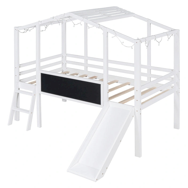 Twin House Loft Bed with Slide, Chalkboard and Star String Lights, White Gray