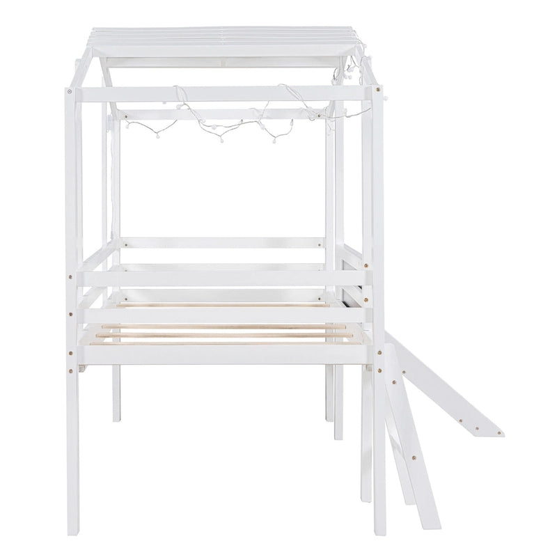 Twin House Loft Bed with Slide, Chalkboard and Star String Lights, White Gray