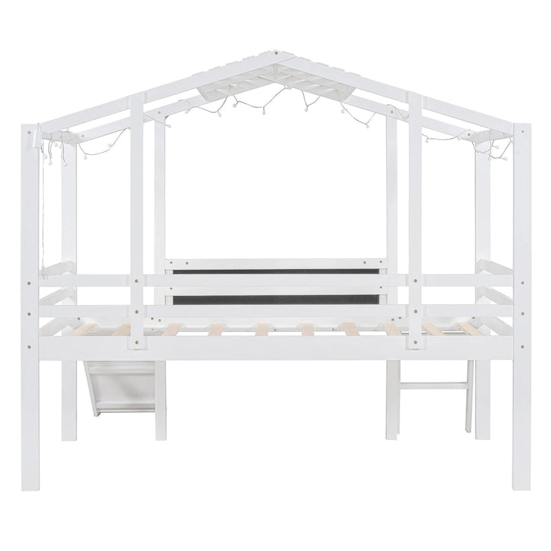 Twin House Loft Bed with Slide, Chalkboard and Star String Lights, White Gray