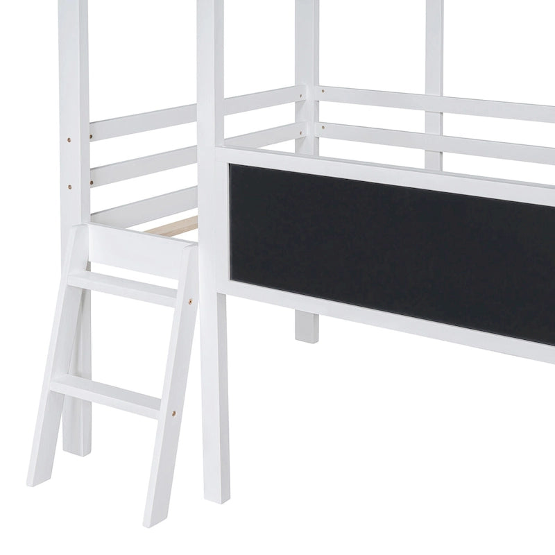 Twin House Loft Bed with Slide, Chalkboard and Star String Lights, White Gray