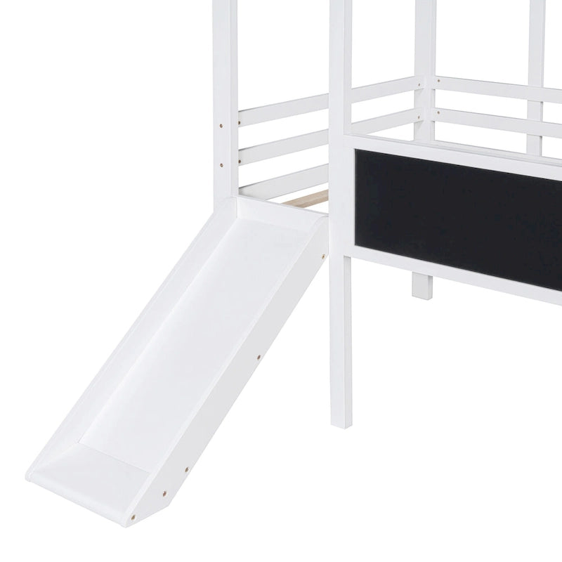 Twin House Loft Bed with Slide, Chalkboard and Star String Lights, White Gray