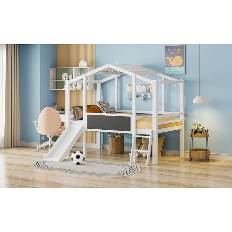Twin House Loft Bed with Slide, Chalkboard and Star String Lights, White Gray
