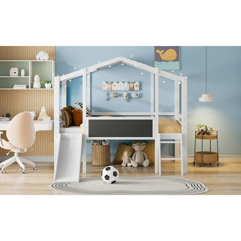 Twin House Loft Bed with Slide, Chalkboard and Star String Lights, White Gray