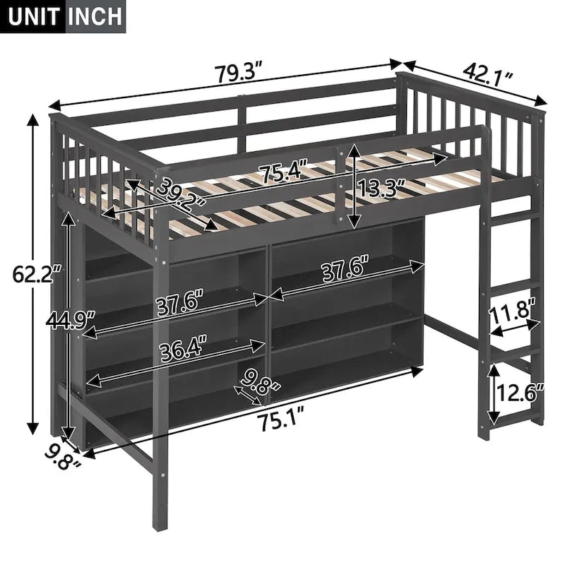 Pine Loft Bed with 8 Open Storage Shelves and Side Ladder, Twin Full, White Grey