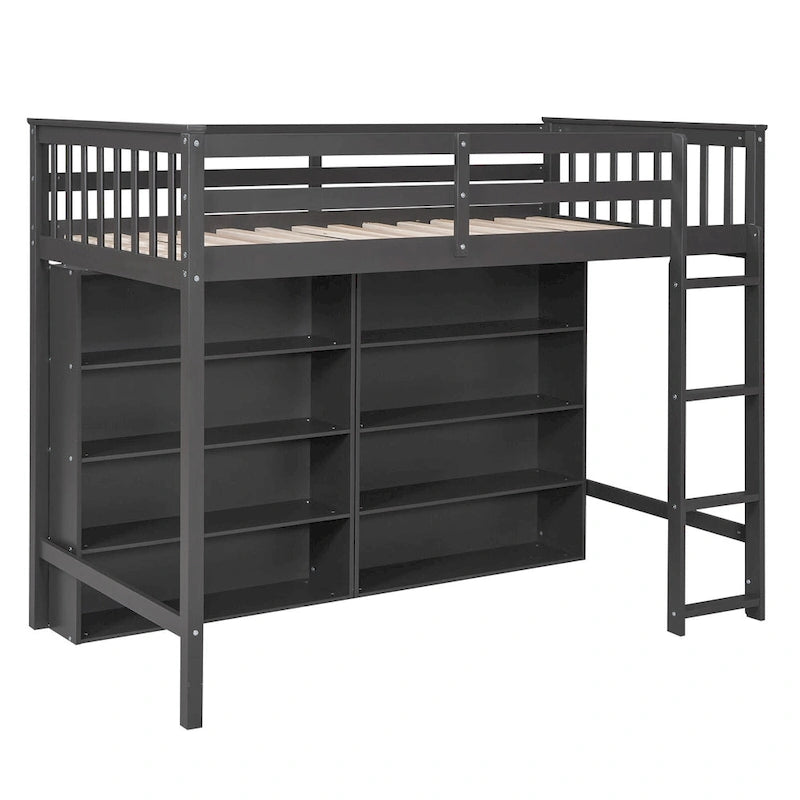 Pine Loft Bed with 8 Open Storage Shelves and Side Ladder, Twin Full, White Grey