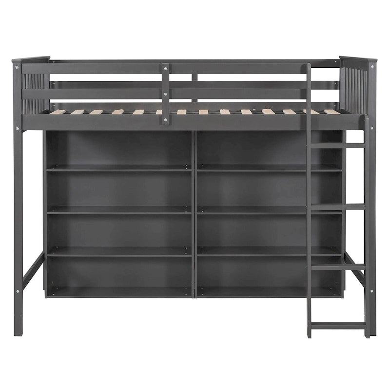 Pine Loft Bed with 8 Open Storage Shelves and Side Ladder, Twin Full, White Grey