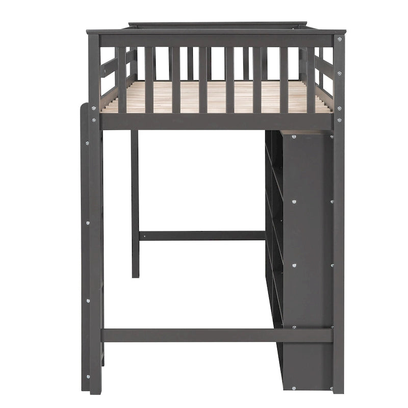 Pine Loft Bed with 8 Open Storage Shelves and Side Ladder, Twin Full, White Grey