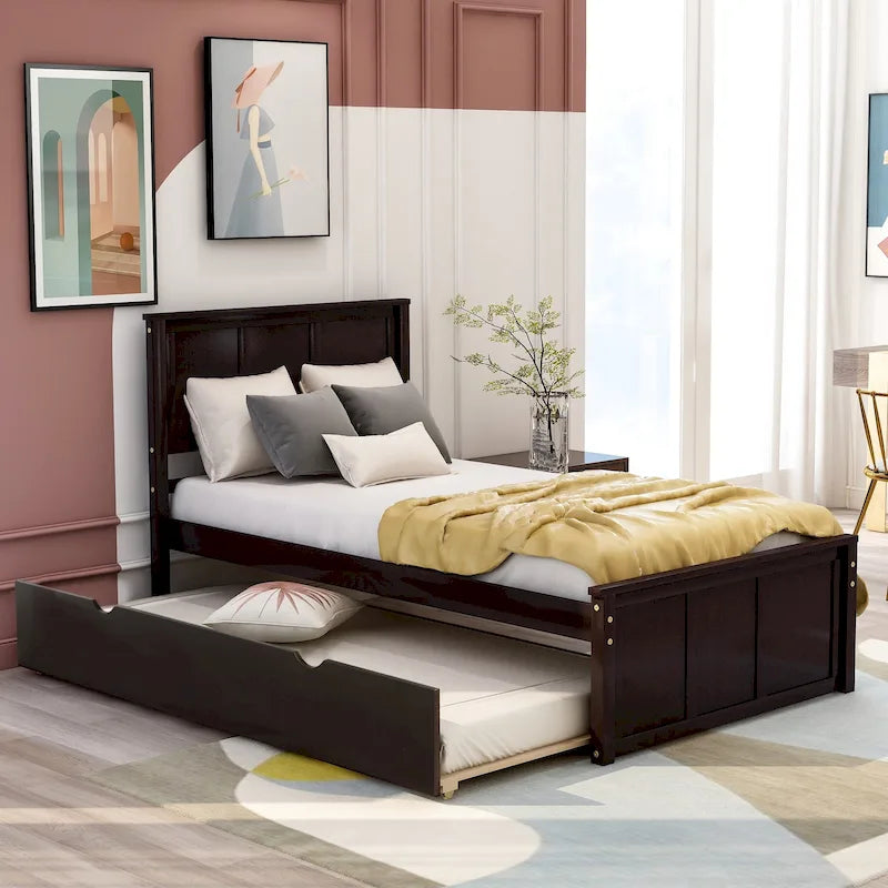 Solid Wood Platform Bed with Twin Trundle, Panel Headboard and Footboard, Espresso