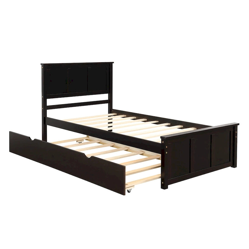Solid Wood Platform Bed with Twin Trundle, Panel Headboard and Footboard, Espresso