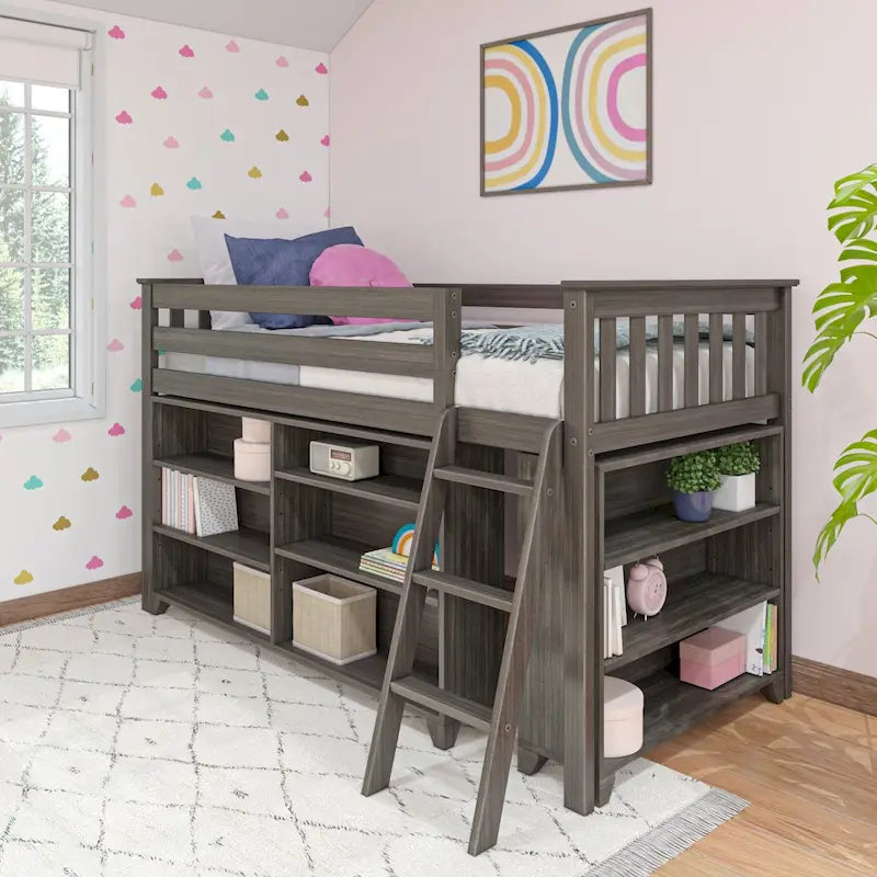 Twin Kids Low Loft Bed with 3-Shelf and 6-Shelf Bookcases, Reversible Ladder and Low VOC Finish, Clay White