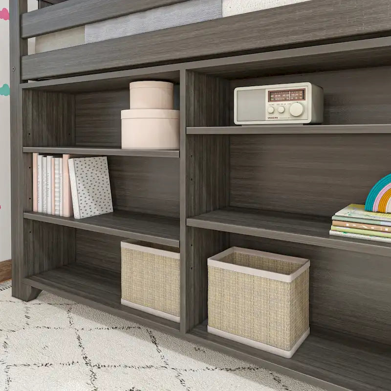 Twin Kids Low Loft Bed with 3-Shelf and 6-Shelf Bookcases, Reversible Ladder and Low VOC Finish, Clay White