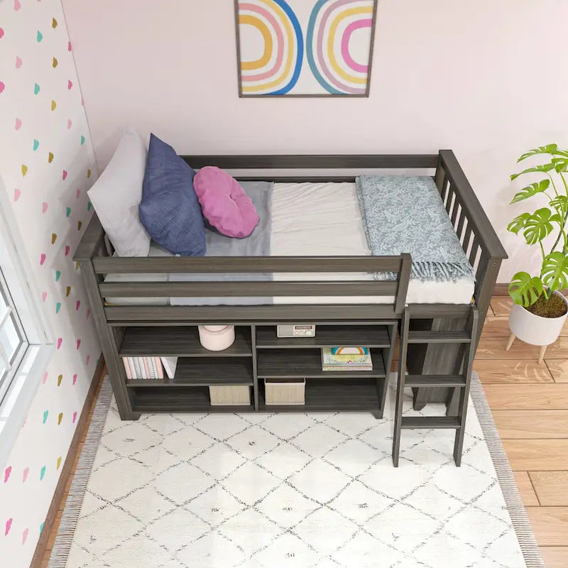 Twin Kids Low Loft Bed with 3-Shelf and 6-Shelf Bookcases, Reversible Ladder and Low VOC Finish, Clay White