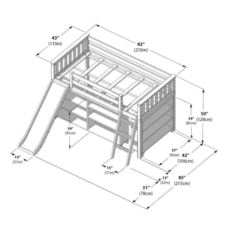 Cama alta baja infantil tamaño Twin con libreros de 3 y 6 estantes, escalera reversible y acabado con bajo contenido de COV, blanco arcilla