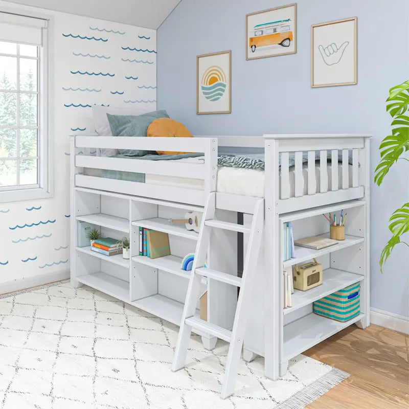 Cama alta baja infantil tamaño Twin con libreros de 3 y 6 estantes, escalera reversible y acabado con bajo contenido de COV, blanco arcilla