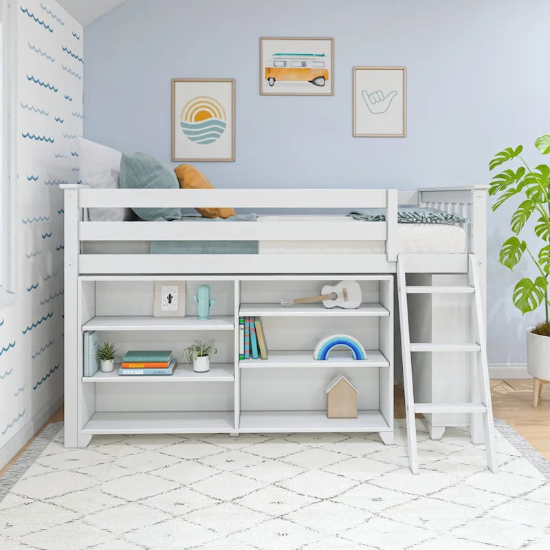 Twin Kids Low Loft Bed with 3-Shelf and 6-Shelf Bookcases, Reversible Ladder and Low VOC Finish, Clay White
