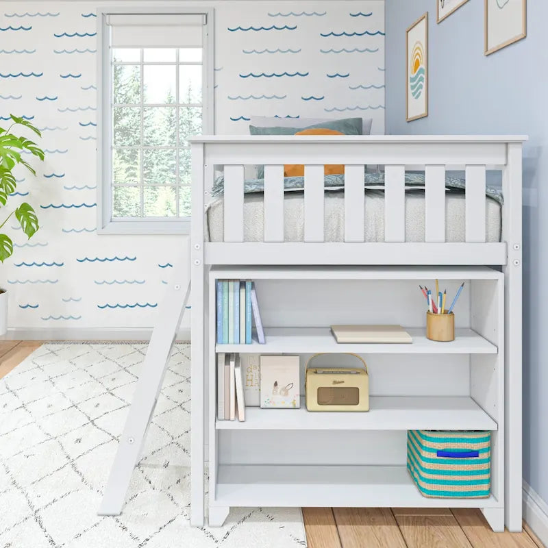 Cama alta baja infantil tamaño Twin con libreros de 3 y 6 estantes, escalera reversible y acabado con bajo contenido de COV, blanco arcilla