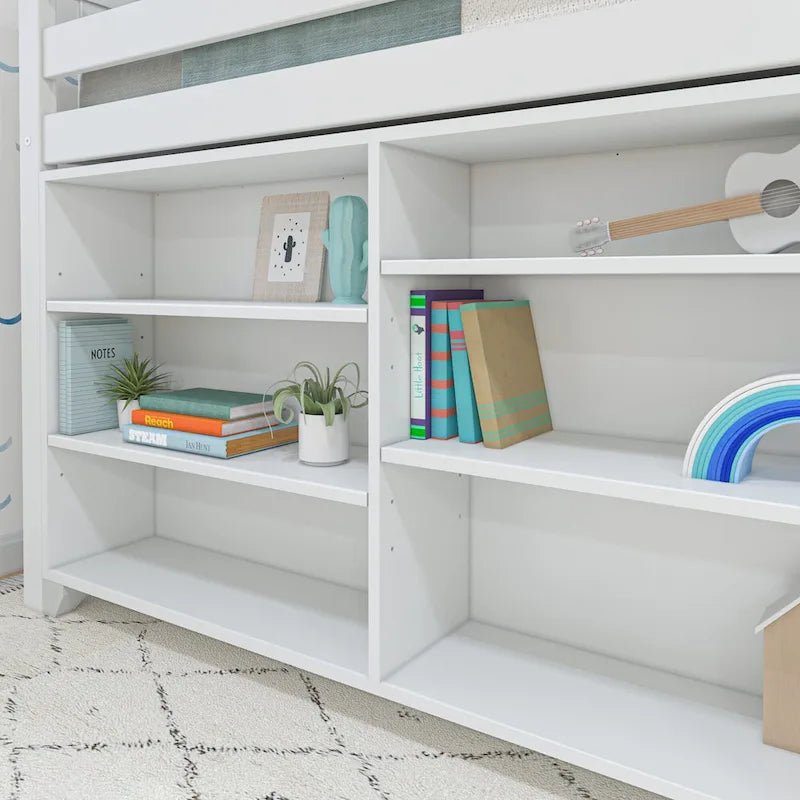 Cama alta baja infantil tamaño Twin con libreros de 3 y 6 estantes, escalera reversible y acabado con bajo contenido de COV, blanco arcilla