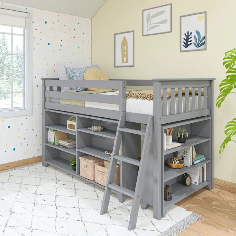 Cama alta baja infantil tamaño Twin con libreros de 3 y 6 estantes, escalera reversible y acabado con bajo contenido de COV, blanco arcilla
