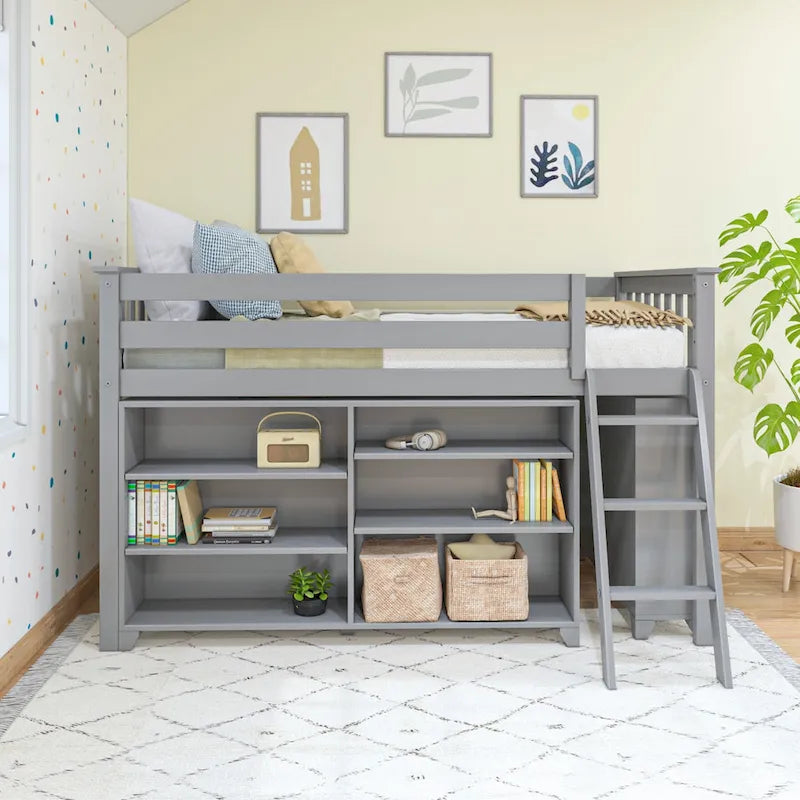Cama alta baja infantil tamaño Twin con libreros de 3 y 6 estantes, escalera reversible y acabado con bajo contenido de COV, blanco arcilla