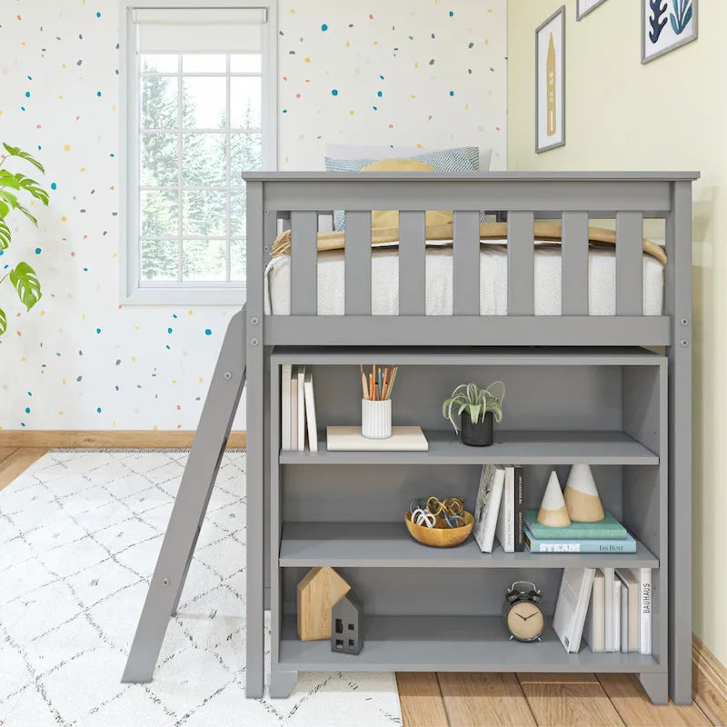 Cama alta baja infantil tamaño Twin con libreros de 3 y 6 estantes, escalera reversible y acabado con bajo contenido de COV, blanco arcilla