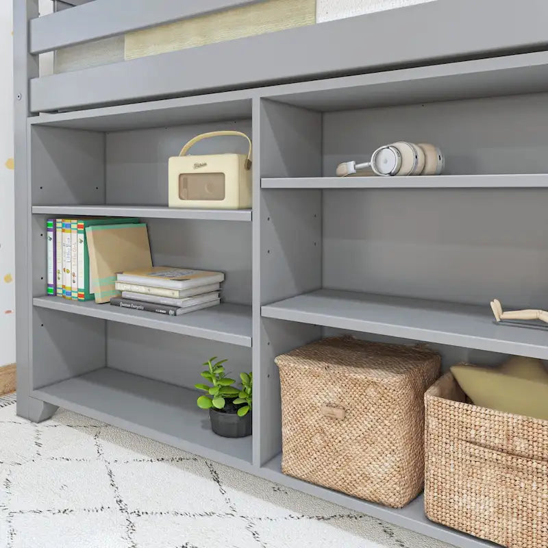 Cama alta baja infantil tamaño Twin con libreros de 3 y 6 estantes, escalera reversible y acabado con bajo contenido de COV, blanco arcilla