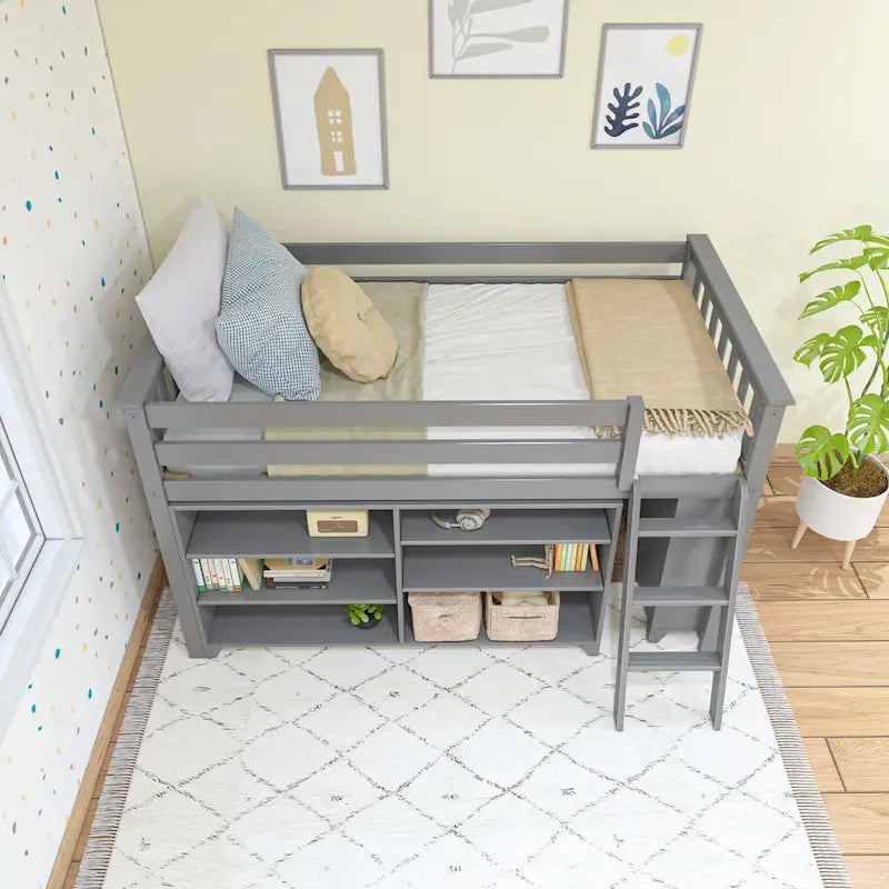 Cama alta baja infantil tamaño Twin con libreros de 3 y 6 estantes, escalera reversible y acabado con bajo contenido de COV, blanco arcilla
