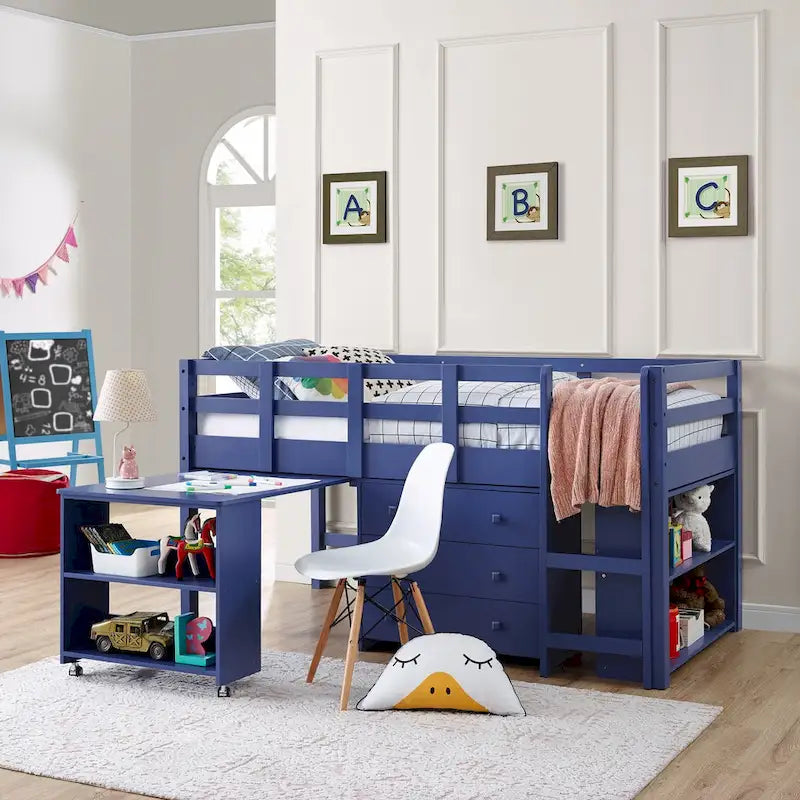 Twin Size Loft Bed with Desk Low Study Kids Twin Loft Bed with Storage Pine Wood Loft Bed for Kids Twin Loft Bed with Cabinet