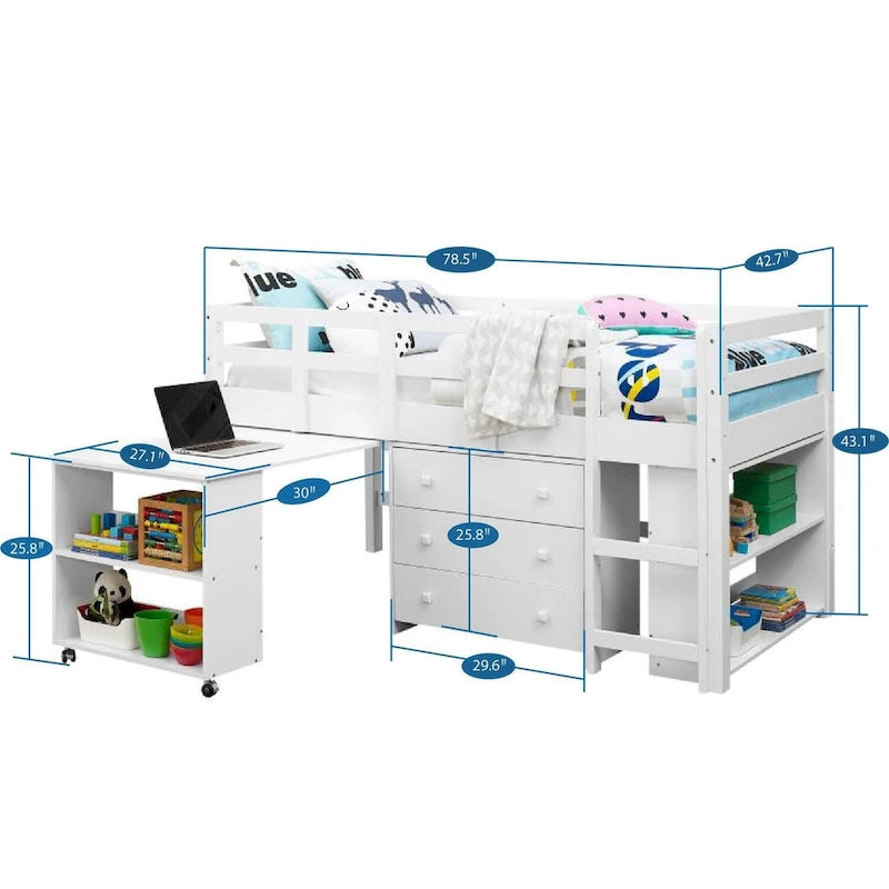 Twin Kids Low Loft Bed with Rolling Desk and Bookshelf, 3 Drawers and Open Storage, Espresso Navy Gray White