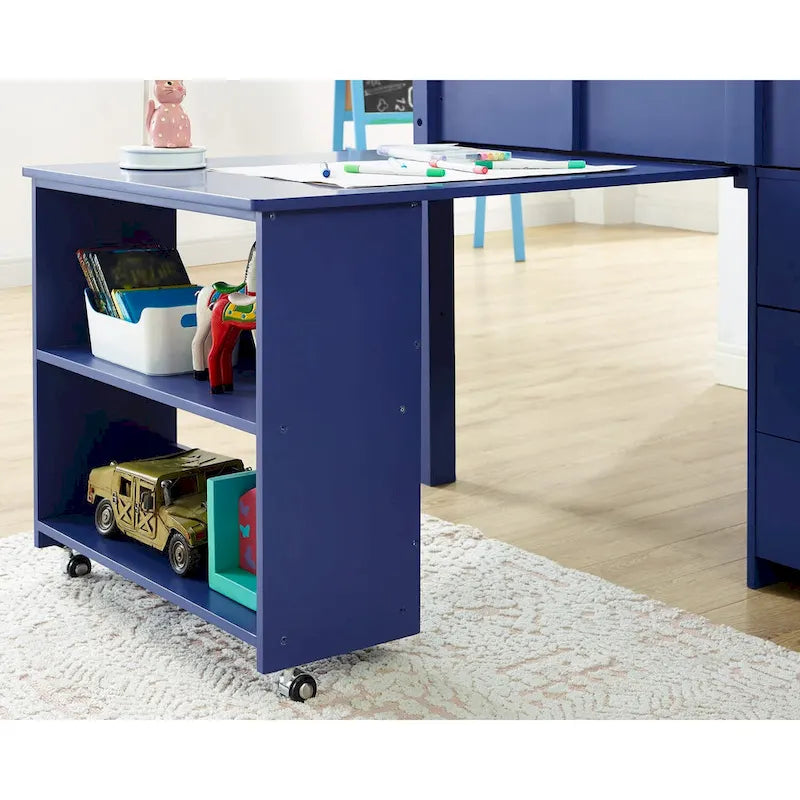 Twin Kids Low Loft Bed with Rolling Desk and Bookshelf, 3 Drawers and Open Storage, Espresso Navy Gray White