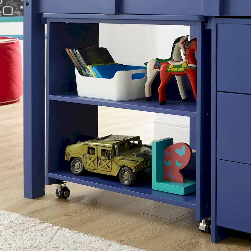 Twin Kids Low Loft Bed with Rolling Desk and Bookshelf, 3 Drawers and Open Storage, Espresso Navy Gray White