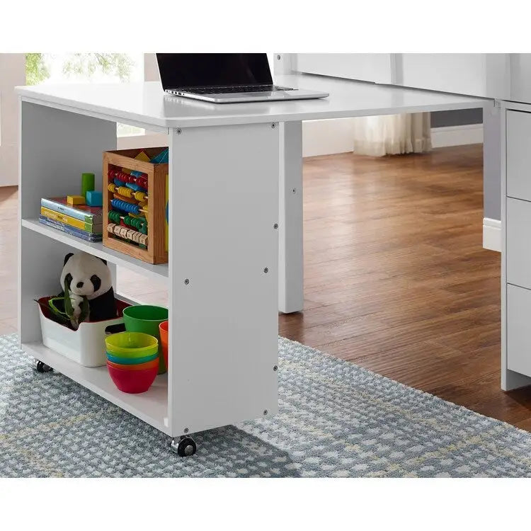 Twin Kids Low Loft Bed with Rolling Desk and Bookshelf, 3 Drawers and Open Storage, Espresso Navy Gray White