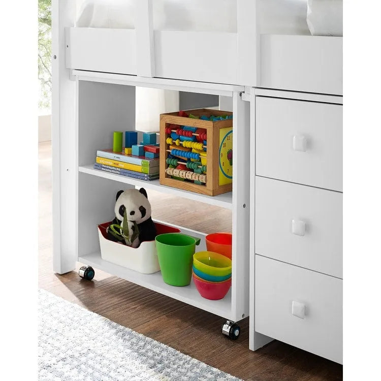 Twin Kids Low Loft Bed with Rolling Desk and Bookshelf, 3 Drawers and Open Storage, Espresso Navy Gray White