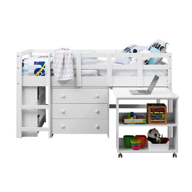 Twin Kids Low Loft Bed with Rolling Desk and Bookshelf, 3 Drawers and Open Storage, Espresso Navy Gray White