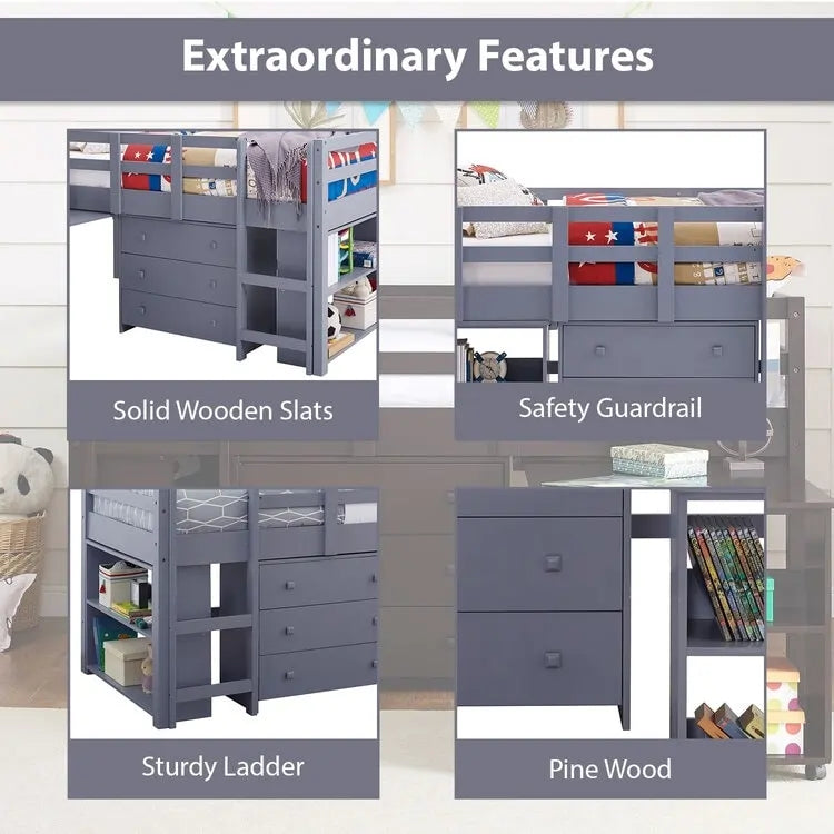 Twin Kids Low Loft Bed with Rolling Desk and Bookshelf, 3 Drawers and Open Storage, Espresso Navy Gray White