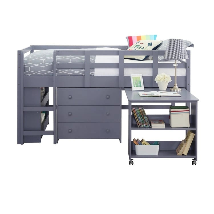 Twin Kids Low Loft Bed with Rolling Desk and Bookshelf, 3 Drawers and Open Storage, Espresso Navy Gray White