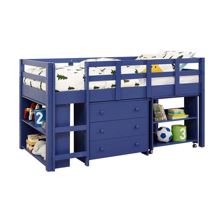 Twin Kids Low Loft Bed with Rolling Desk and Bookshelf, 3 Drawers and Open Storage, Espresso Navy Gray White
