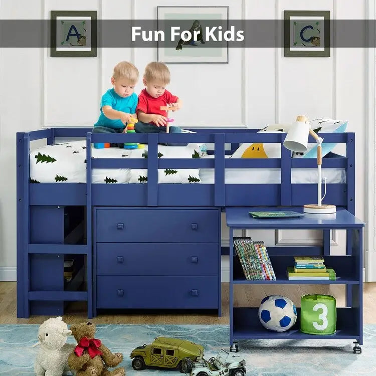 Twin Kids Low Loft Bed with Rolling Desk and Bookshelf, 3 Drawers and Open Storage, Espresso Navy Gray White