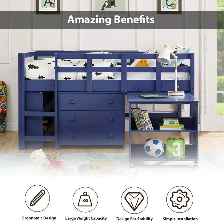 Twin Kids Low Loft Bed with Rolling Desk and Bookshelf, 3 Drawers and Open Storage, Espresso Navy Gray White